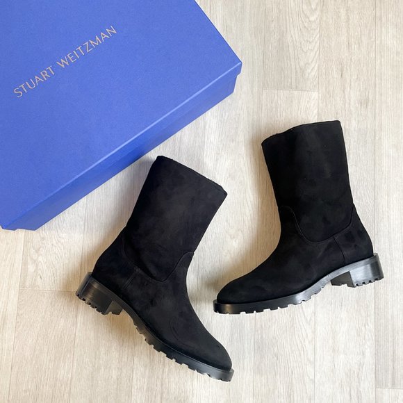 Stuart Weitzman Shearling Suede Boot Taina Chill Black Size EU 38.5 US 8 NEW NWT - Picture 1 of 9